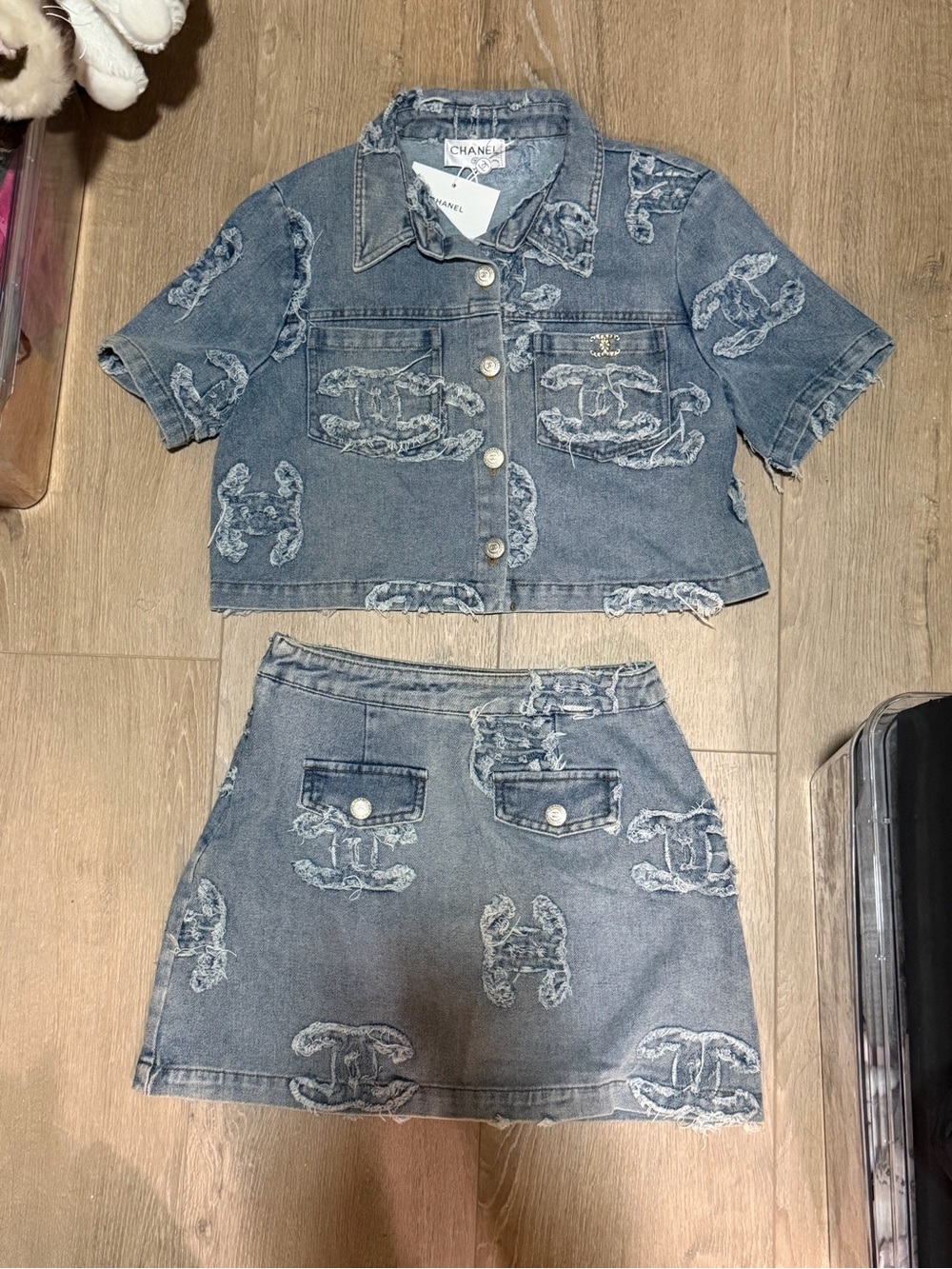 Chanel Blue Denim Mini Skirt set Distressed